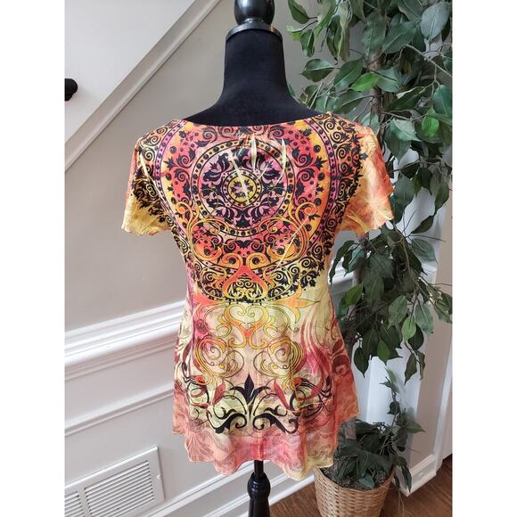 OneWorld Blouse Women's PL Multicolor Boho Chiffon Abstract Print V Neck Top - Picture 5 of 12